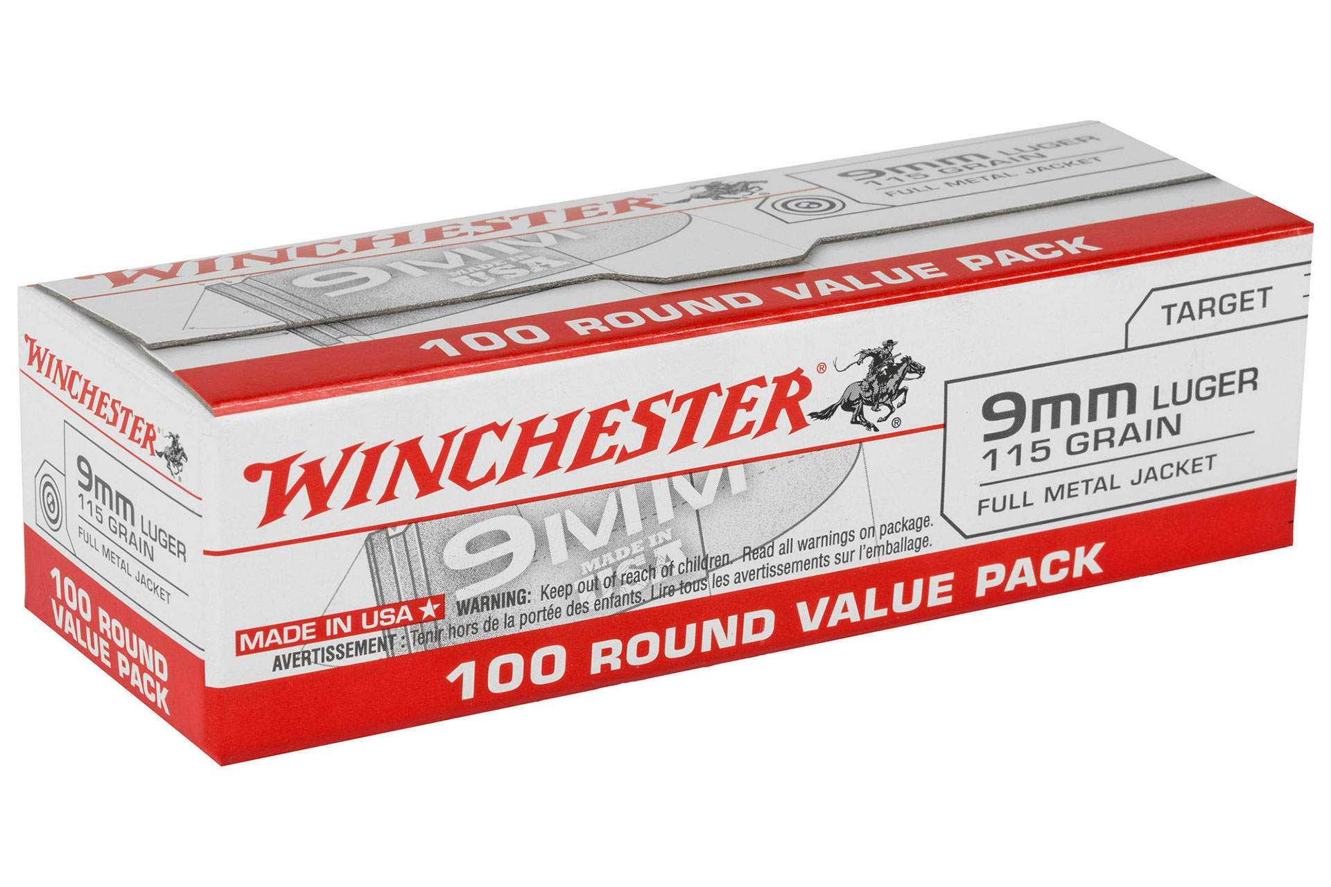 Winchester Ammunition USA 9MM 115 Grain Full Metal Jacket Handgun Ammo - 100 Rounds