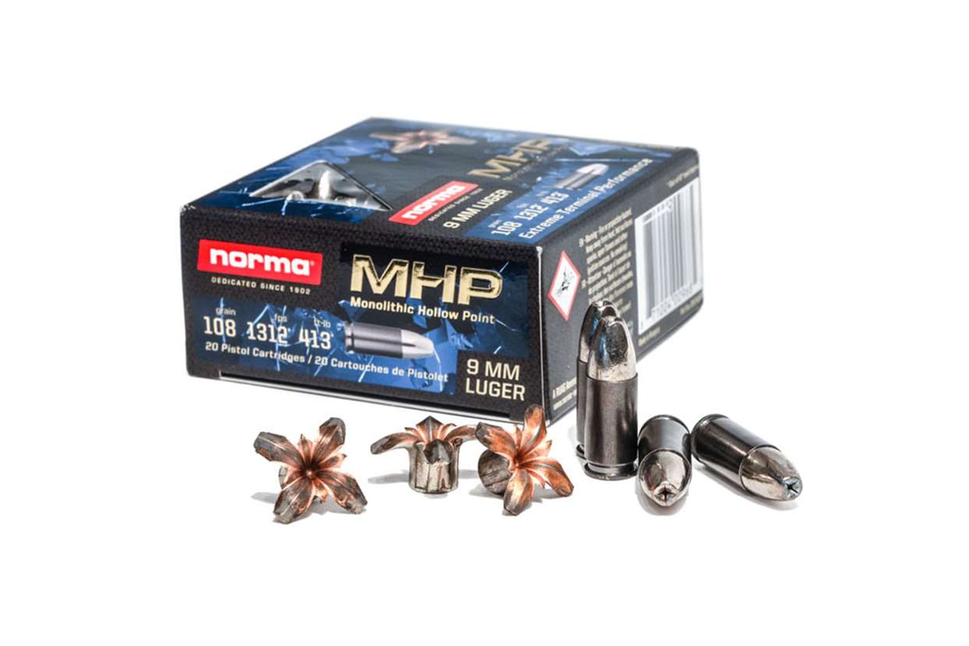 Norma Home Defense MHP Ammunition 9mm Luger 108 Grain Monolithic Hollow Point Ammo - Handgun Ammo - 20 Rounds