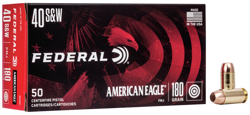 Federal AE40R1 American Eagle 40 S&W 180 gr Full Metal Jacket (FMJ) Handgun Ammo - 50 Rounds
