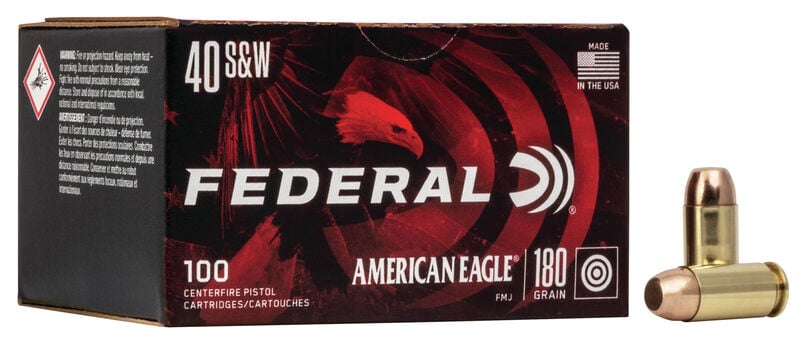 Federal AE40R100 American Eagle 40 S&W 180 gr Full Metal Jacket (FMJ) Handgun Ammo - 100 Rounds