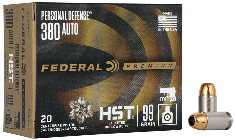 Federal P380HST1S Premium Personal Defense Micro 380 ACP 99 gr HST Jacketed Hollow Point Handgun Ammo - 20 Rounds