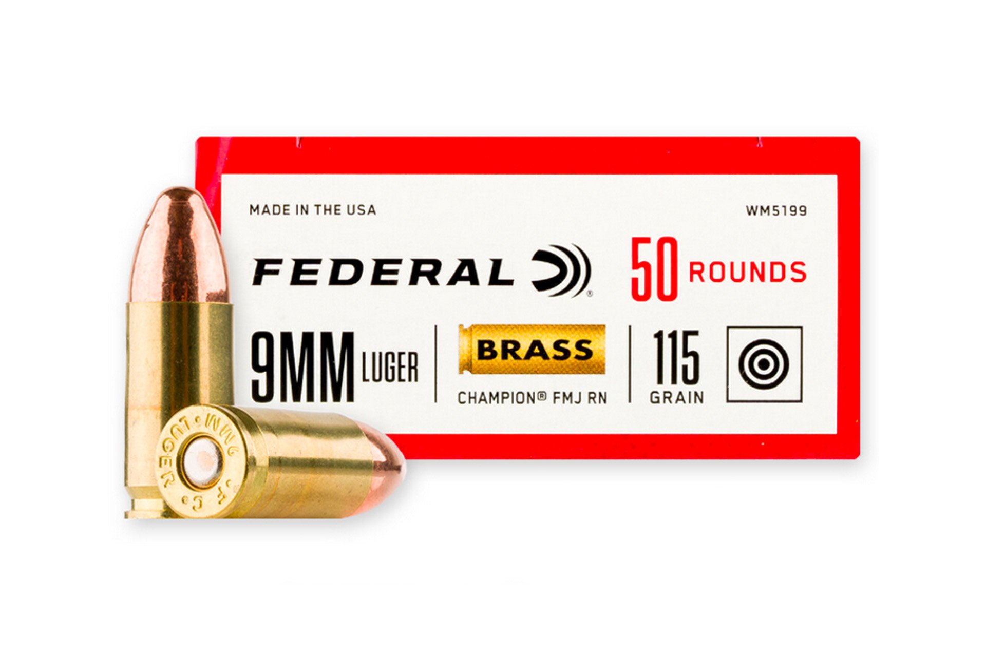 Federal Ammunition Champion Training 9mm 115 Grain FMJ Ammunition Handgun Ammo - 50 Rounds