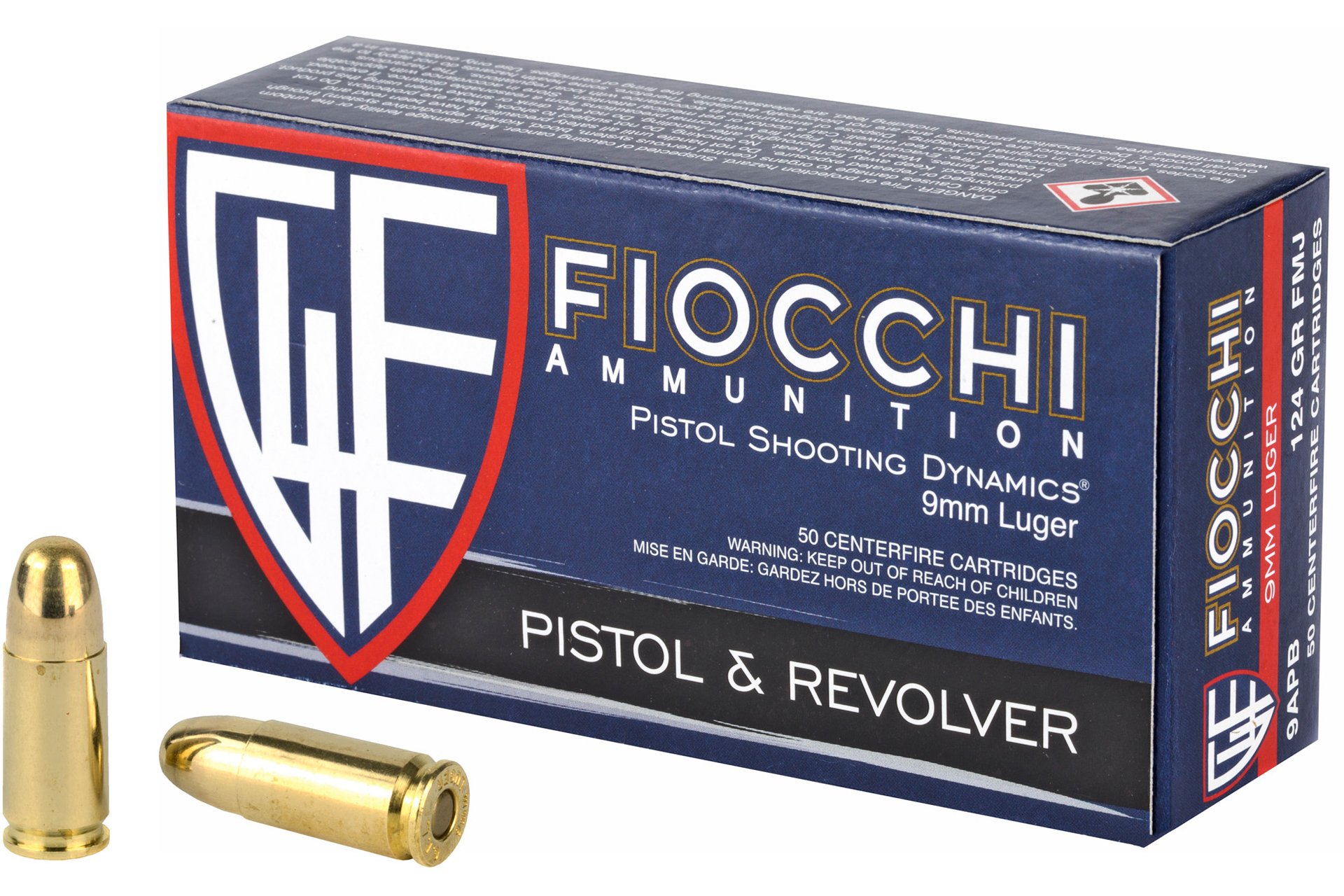 Fiocchi 9APB Training Dynamics 9mm Luger 124 gr Full Metal Jacket (FMJ) Handgun Ammo - 50 Rounds