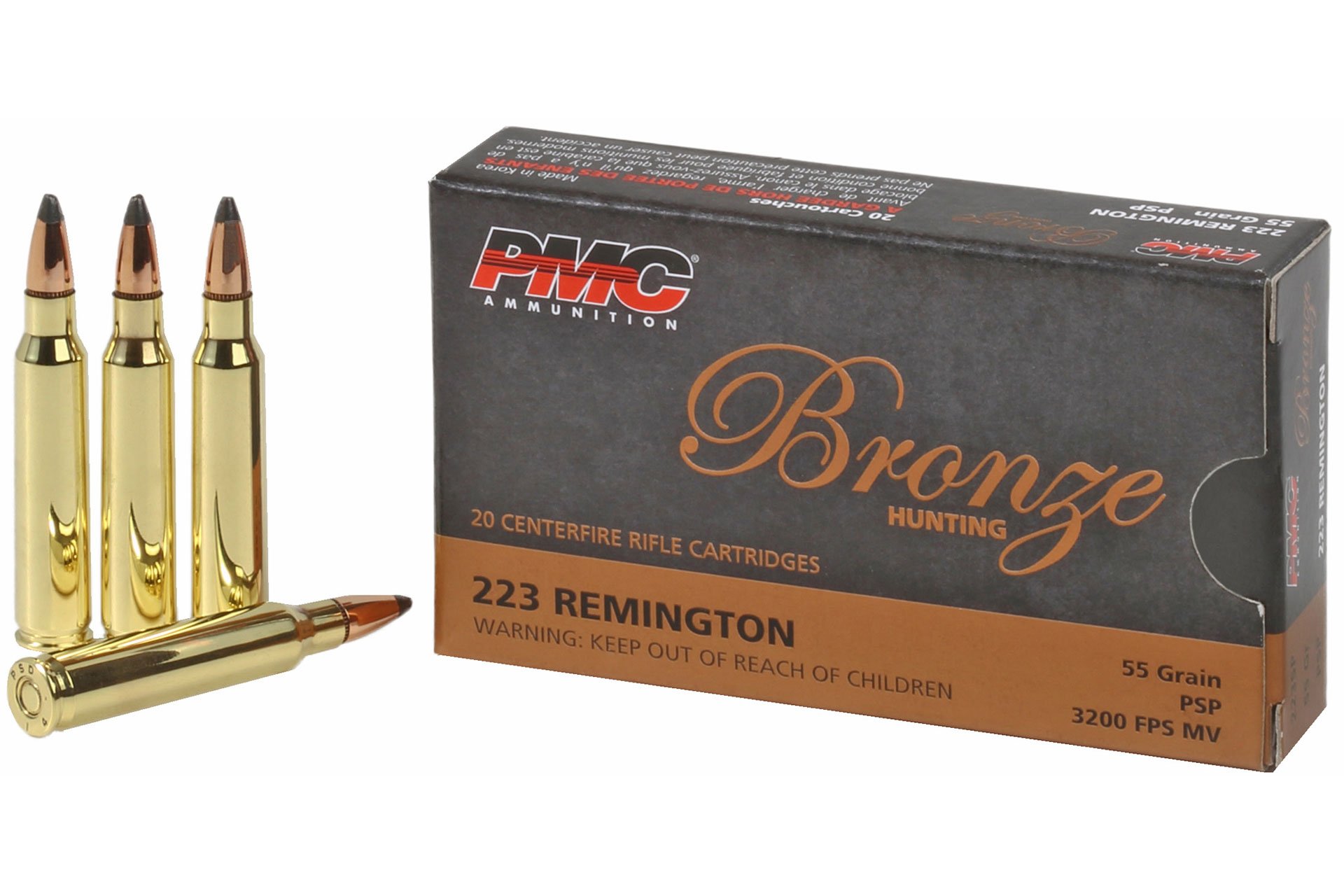PMC Bronze .223 Remington Ammunition 55 GR Pointed Soft Point 3200fps Rifle Ammo - 20 Rounds