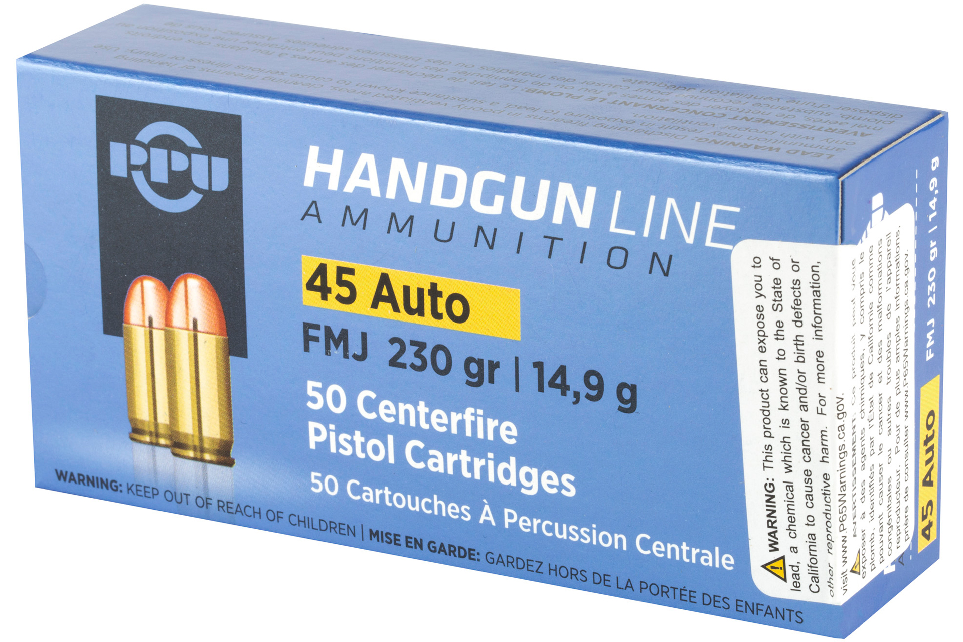 PPU PPH45F Handgun 45 ACP 230 gr Full Metal Jacket (FMJ) Handgun Ammo - 50 Rounds