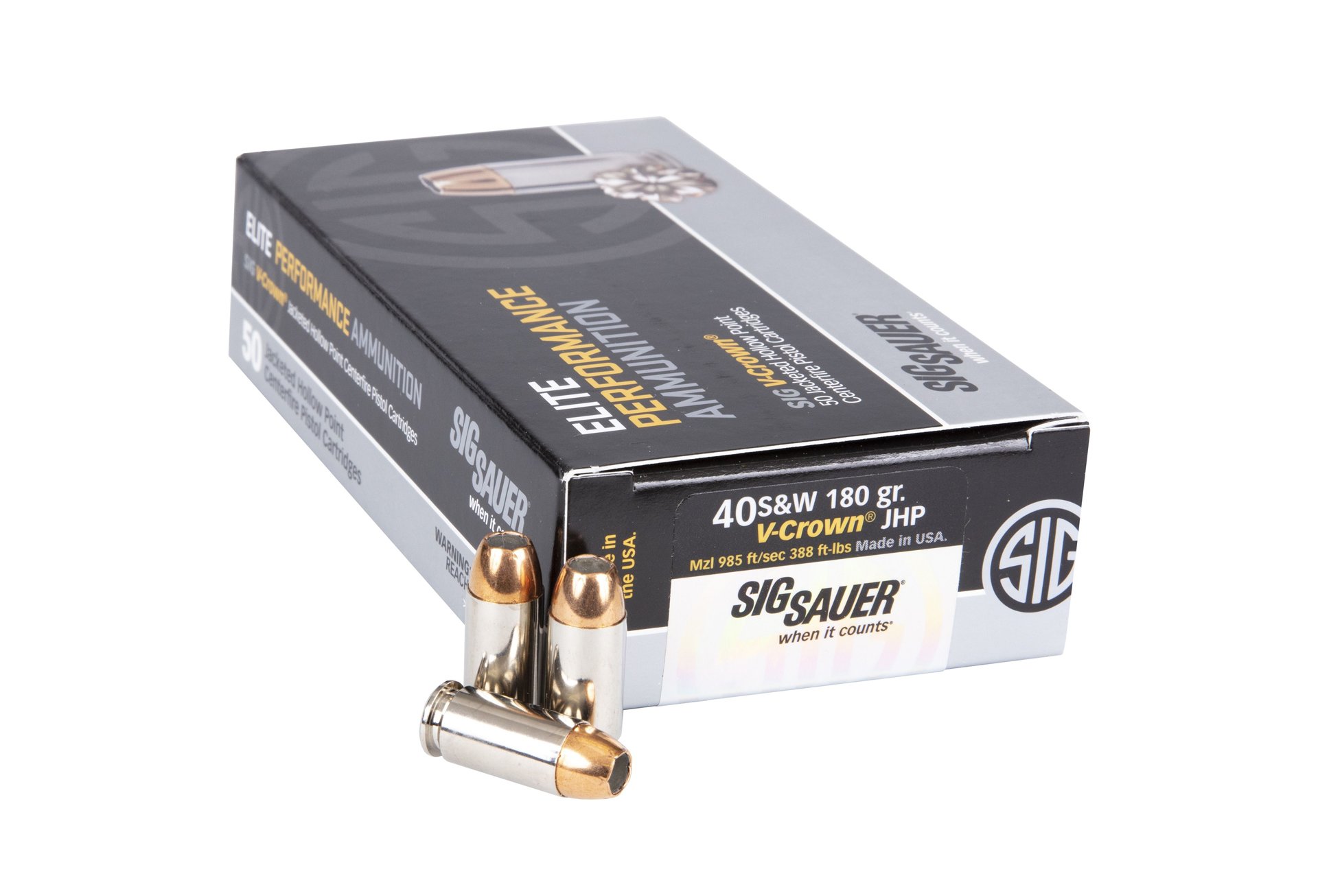 Sig Sauer E40SW2-50 Elite V-Crown 40 S&W 180 gr Jacketed Hollow Point (JHP) Handgun Ammo - 50 Rounds