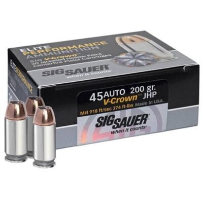 Sig Sauer Elite Performance E45AP2-20 V-Crown 45 ACP 230 Grain Jacketed Hollow Point Handgun Ammo - 20 Rounds