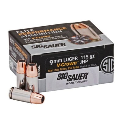 Sig Sauer E9MMA1-20 Elite Performance V-Crown 9MM 115 Grain Jacketed Hollow Point Handgun Ammo - 20 Rounds
