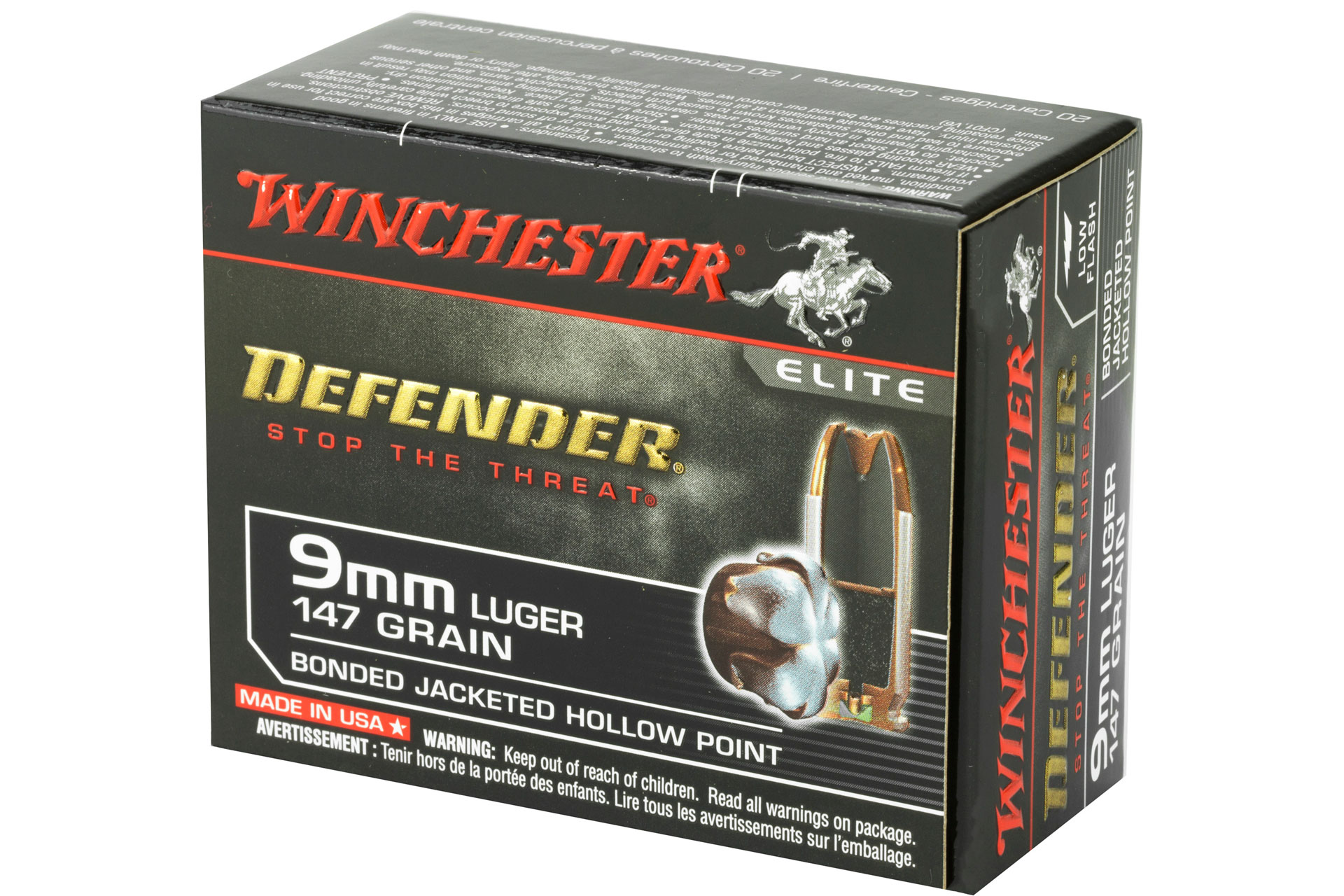 Winchester Ammo S9MMPDB1 PDX1 Defender 9mm Luger 147 gr Bonded Jacket Hollow Point Handgun Ammo - 20 Rounds