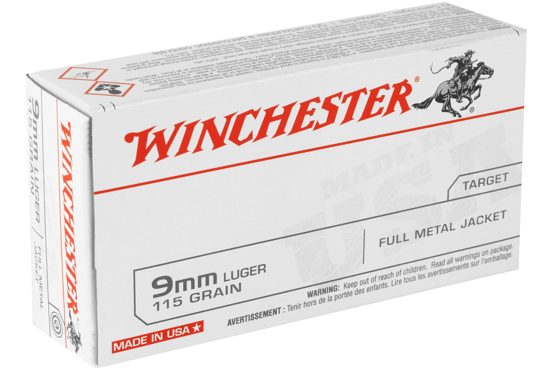 Winchester Ammunition USA 9MM 115 Grain Full Metal Jacket Handgun Ammo - 50 Rounds