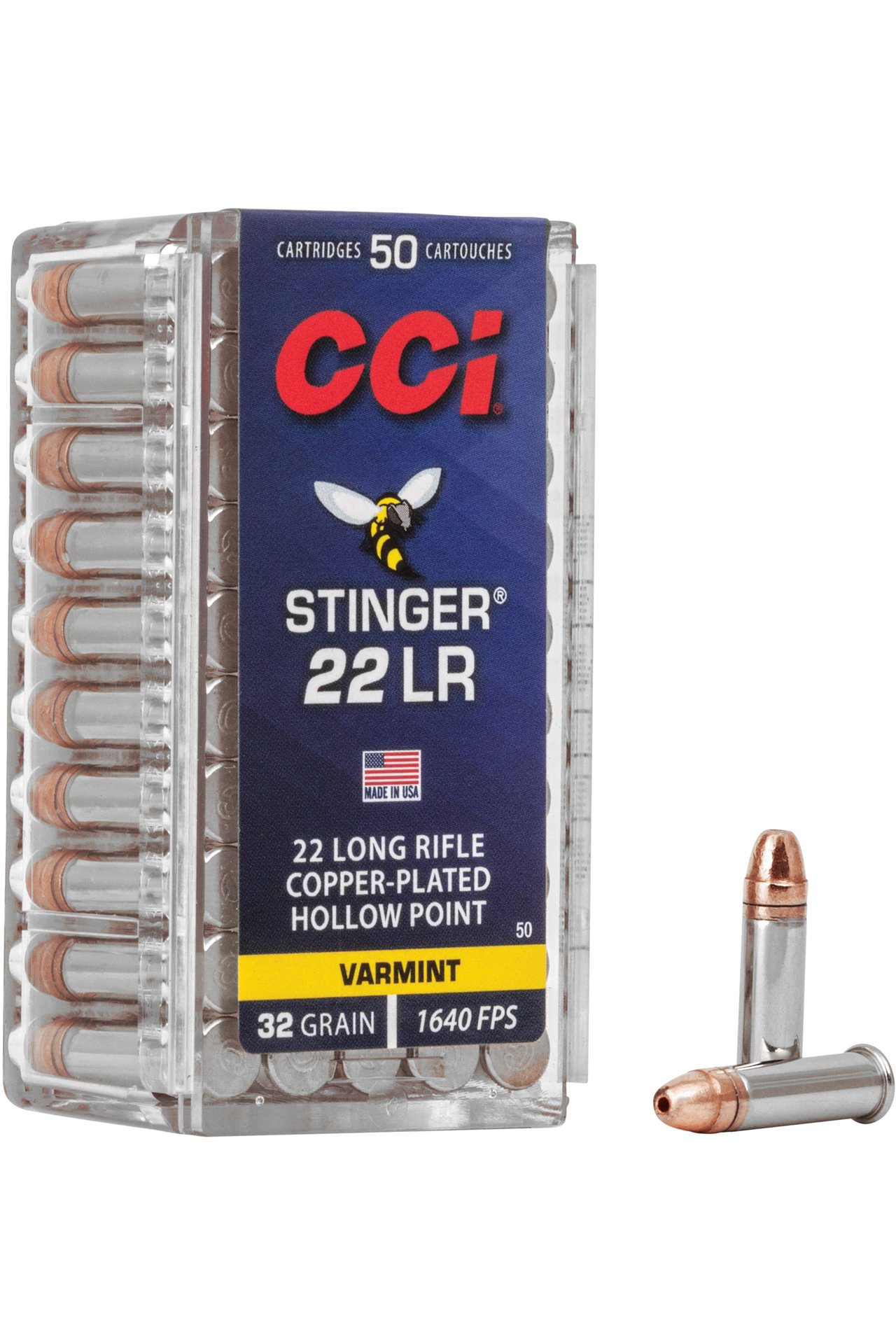 CCI 0050 Varmint Stinger 22 LR 32 gr Copper Plated Hollow Point (CPHP) Rimfire Ammo - 50 Rounds