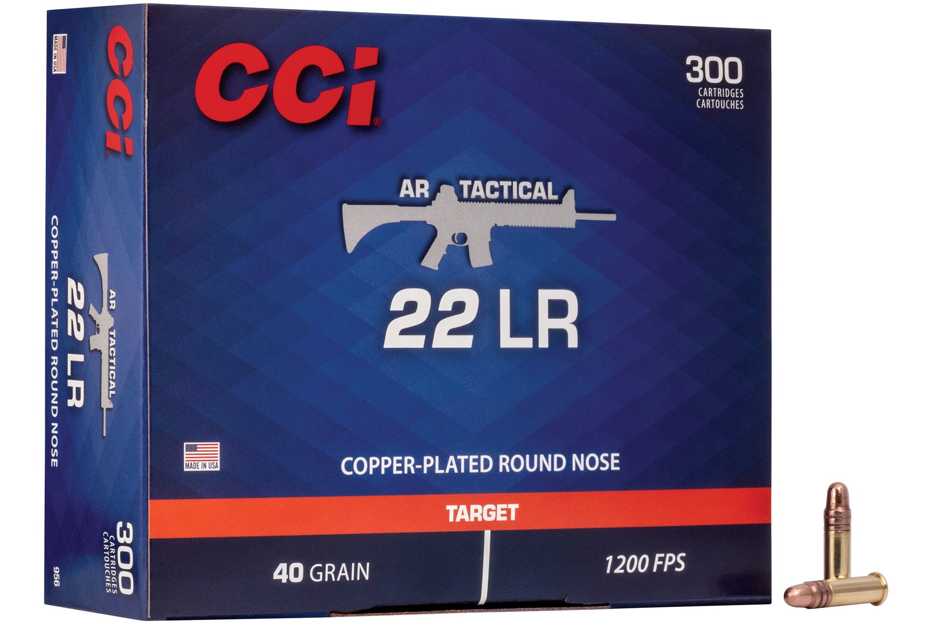 CCI 956 Target & Plinking AR Tactical 22 LR 40 gr Copper-Plated Round Nose Rimfire Ammo - 300 Rounds