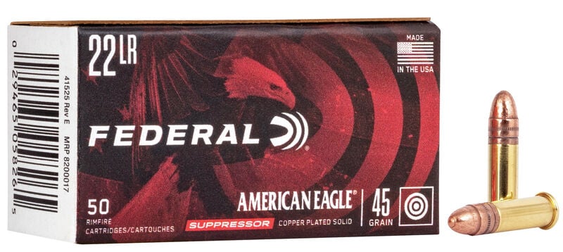 Federal American Eagle Suppressor Ammunition 22LR 45 Grain Copper Plated Lead Round Nose Rimfire Ammo - 50 Rounds
