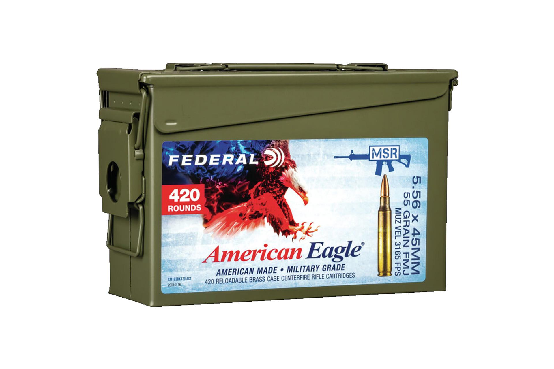 Federal XM193BK420AC1X American Eagle 5.56x45mm NATO 55 gr Full Metal Jacket Boat-Tail (FMJBT) Rifle Ammo - 420 Rounds