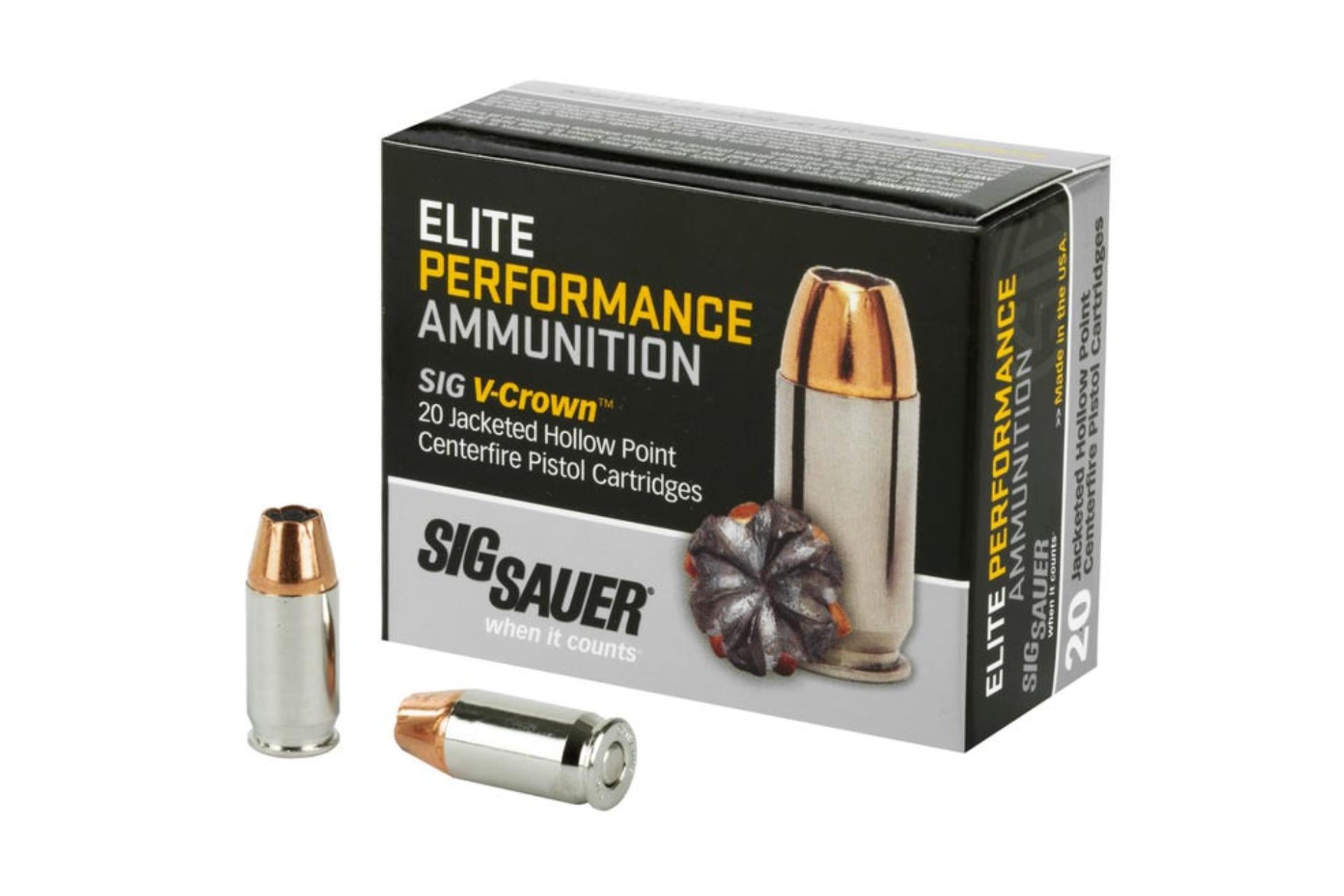 SIG Sauer E380A1-20 Elite Performance V-Crown Ammunition 380ACP 90 Grain Jacketed Hollow Point Handgun Ammo - 200 Rounds