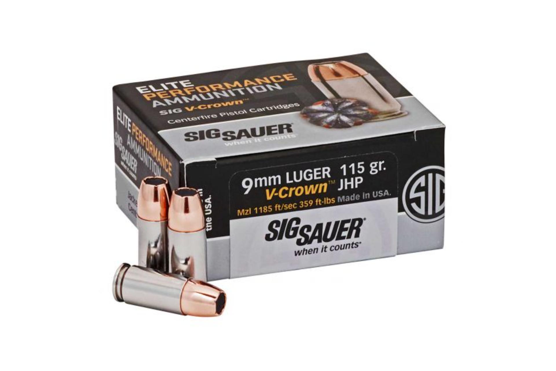 Sig Sauer E9MMA150 Elite Defense 9mm Luger 115 gr 1185 fps V-Crown Jacketed Hollow Point (VJHP) Handgun Ammo - 500 Rounds