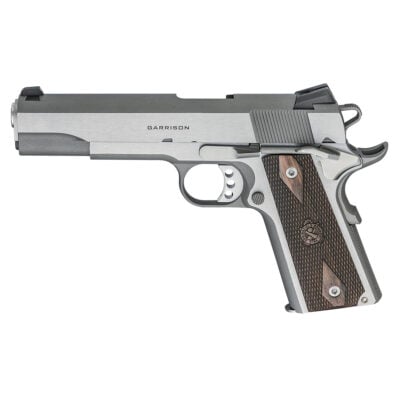 Springfield 1911 Garrison .45 ACP 5" 7+1 Stainless Frame & Slide Thin-Line Wood with Double-Diamond Pattern - Stainless/Silver, Wood Grips