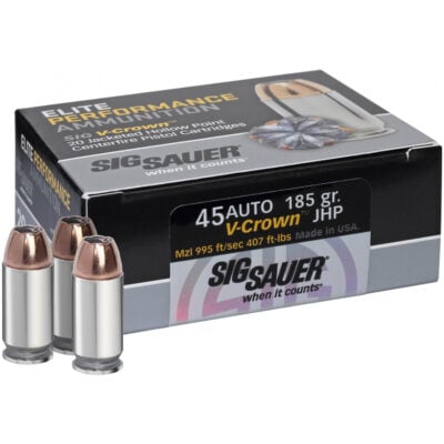 Sig E45AP0-50 Elite Performance 45 ACP Auto Ammo 185 Grain V-Crown Jacketed Hollow Point Handgun Ammo - 50 Rounds