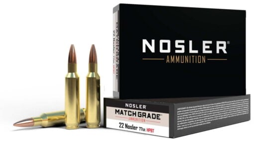 Nosler 60016 Match Grade 22 Nosler 77 gr 2950 fps Custom Competition Hollow Point Boat-Tail (CCHPBT) Rifle Ammo - 20 Rounds - 