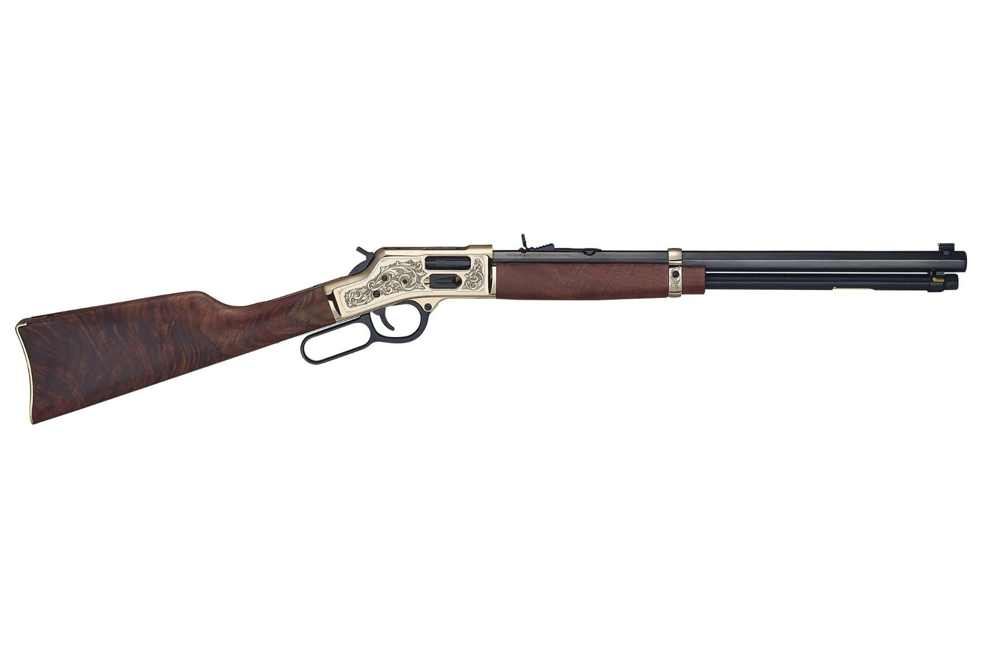 Henry Side Gate Deluxe 357 Mag/38 Special 10+1 20" Blued Octagon Barrel, Engraved Polished Brass Rec, Semi-Fancy American Walnut Stock, Adj. Sight