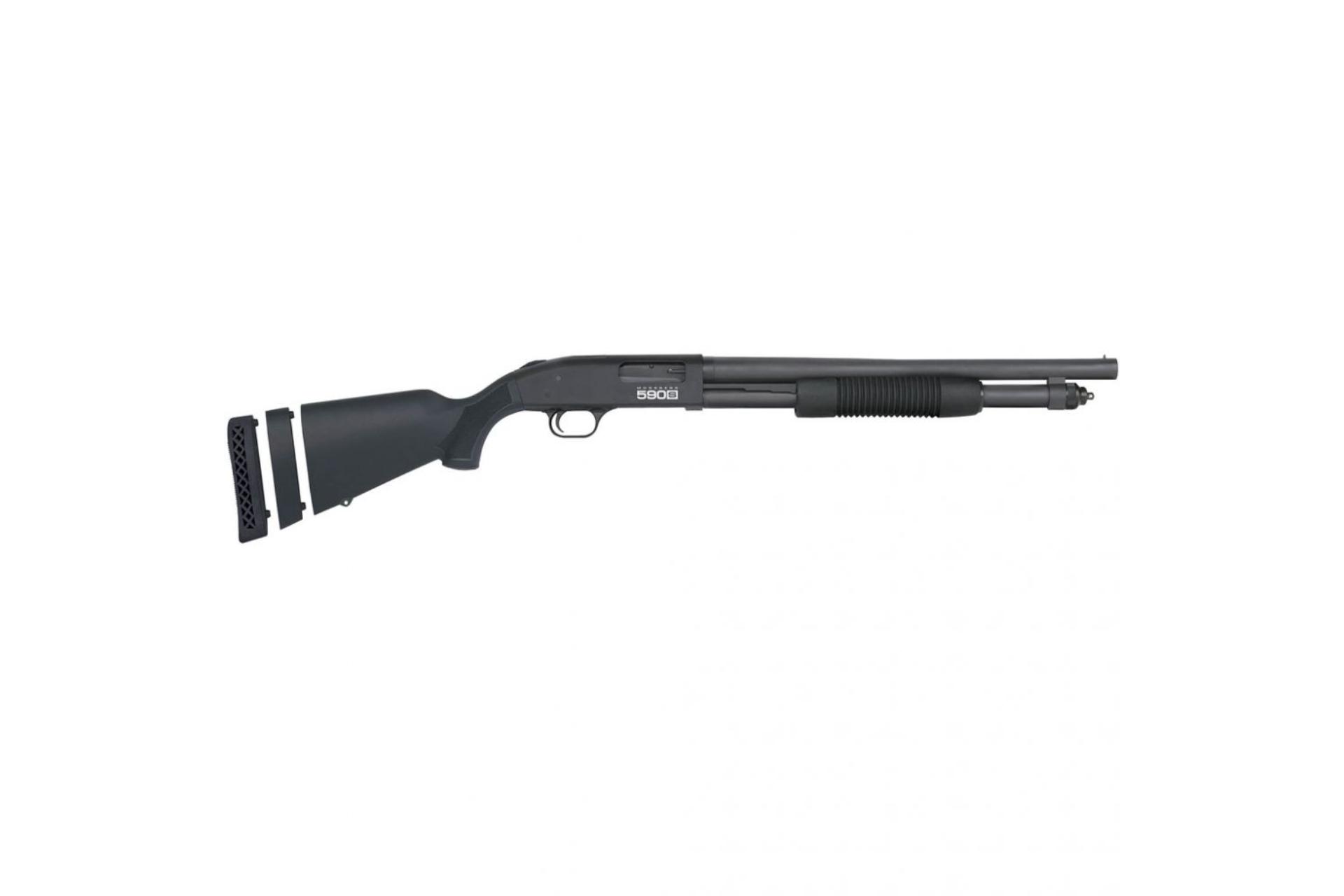 Mossberg & Sons 590S Compact OR 12 Gauge Pump Action Shotgun - Blue/Black, 18.5" Barrel, 5+1 Rounds, 3" Chamber, Black Synthetic Stock