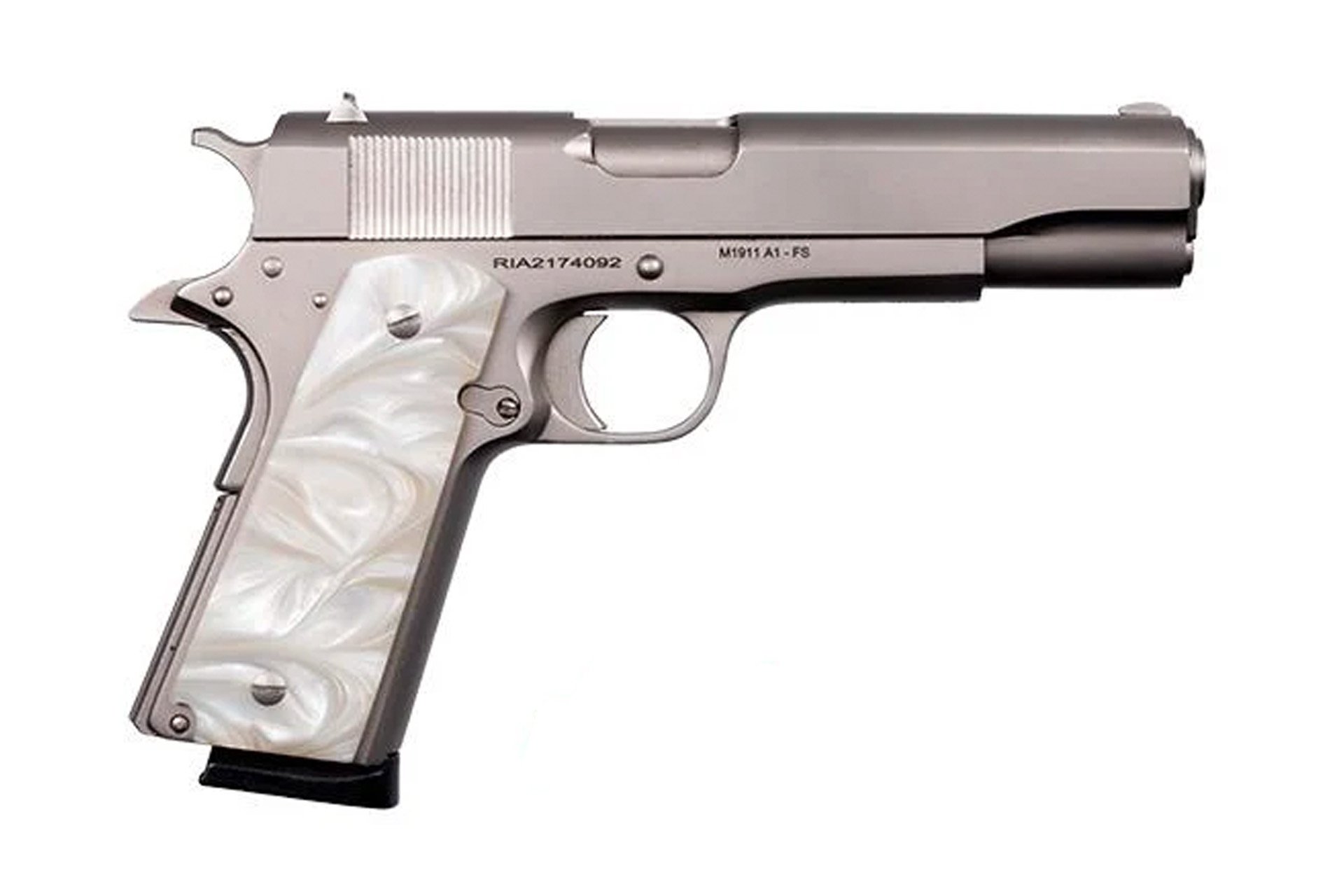 Rock Island Armory M1911-A1 GI Nickel .45 ACP 5" Barrel 8RD - Mother of Pearl Grips