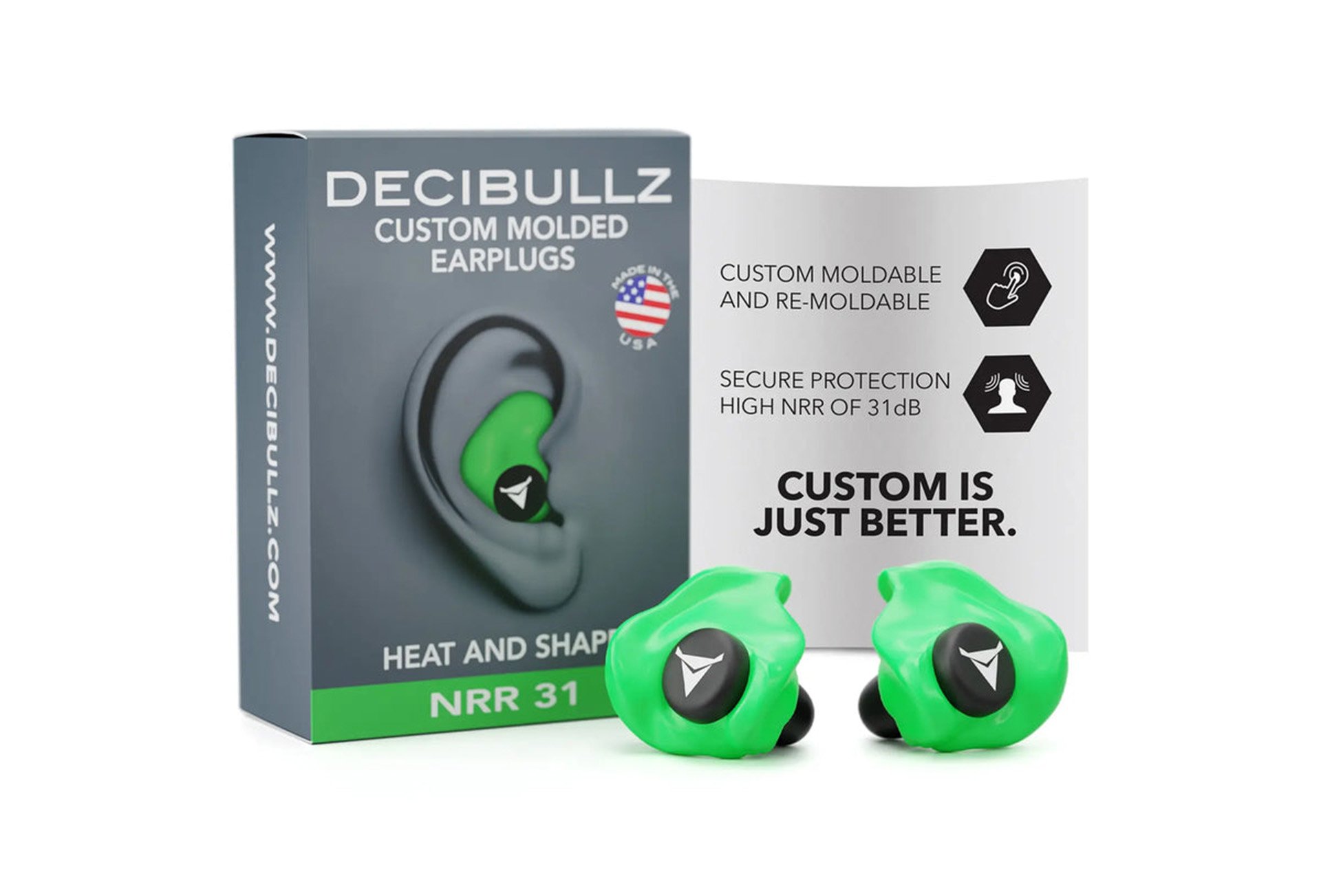 Decibullz Custom Molded Earplugs - 31dB NRR - Green