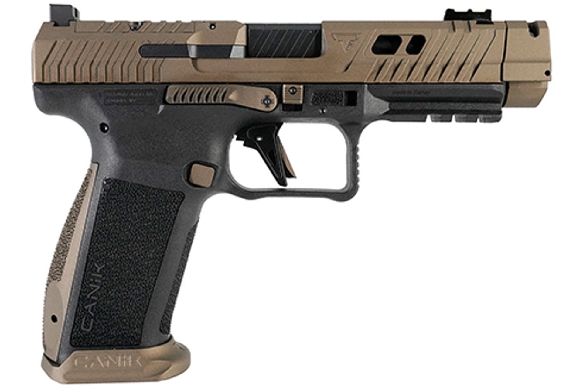 Canik TTI Combat Full Size Frame 9mm Luger 18+1 4.60" Black Nitride Fluted/Ported Barrel Burnt Bronze Cerakote Optic Cut/Serrated Steel Slide