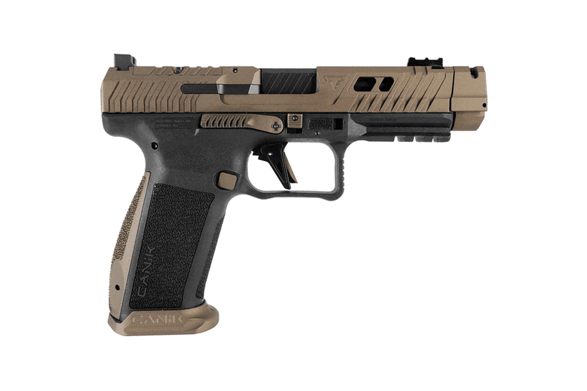 Canik TTI Combat 9mm 18+1 4.6" Fluted/Ported Barrel Burnt Bronze Cerakote Optic Cut/Serrated Slide MaCanik M03 Competition Red Dot
