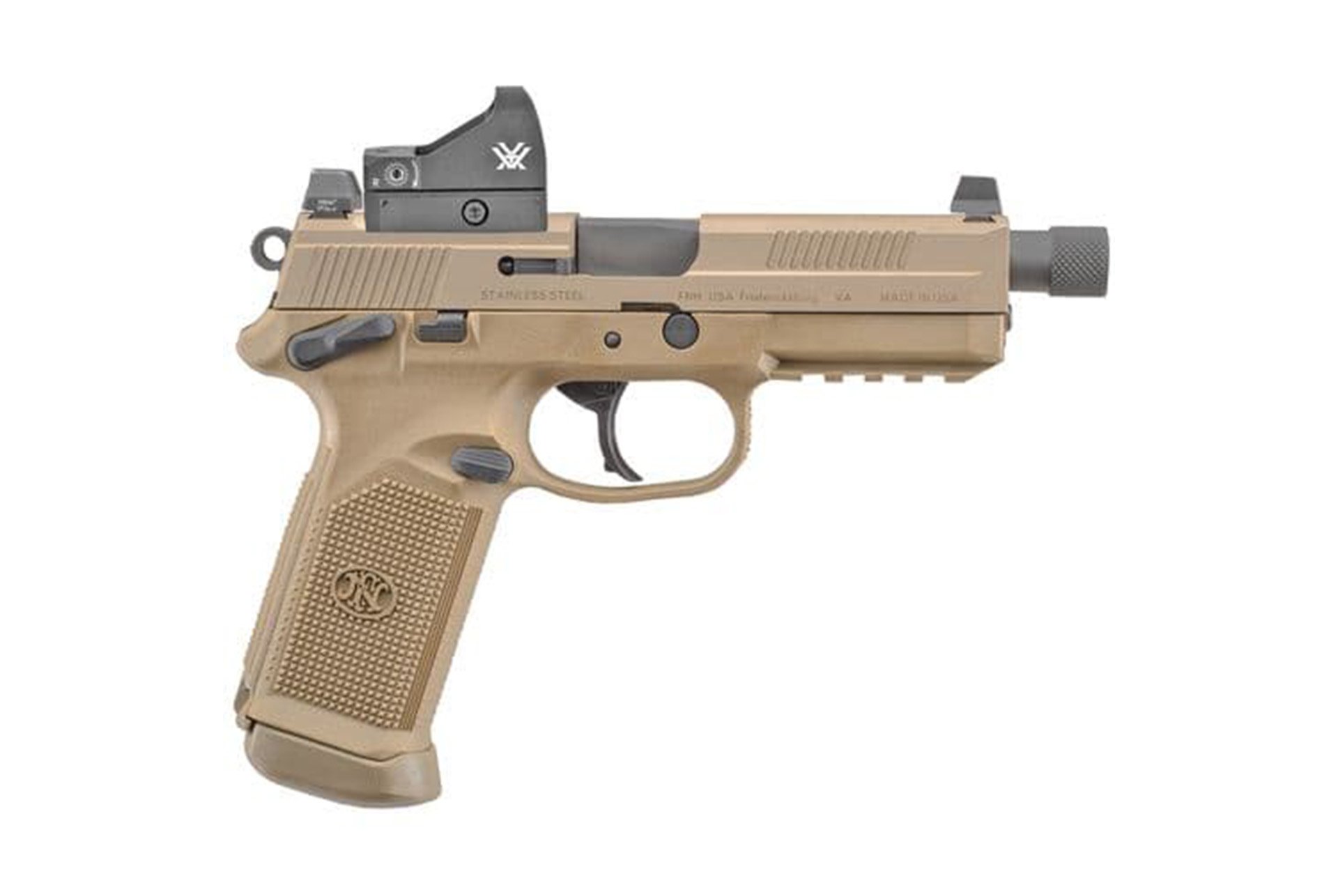 FN FNX Tactical 5.3" 45 ACP 15+1, FDE Optic Cut/Serrated Stainless Steel Slide, Polymer Frame, Ambi