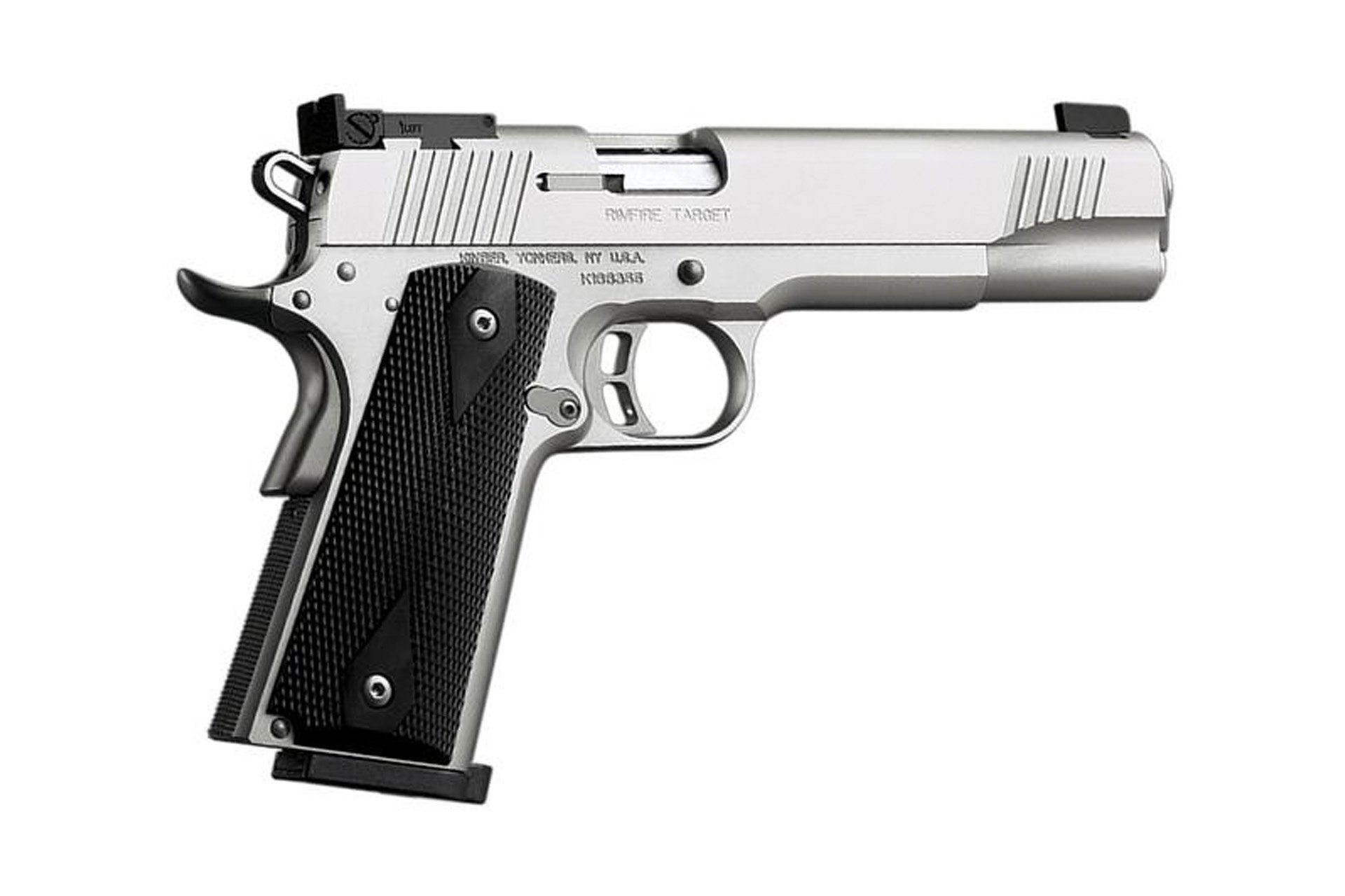 Kimber, Stainless Target II, Semi, 10MM, 5", Silver, Laminate Grips, Adjustable Sights, 8 Rds, CA Compliant
