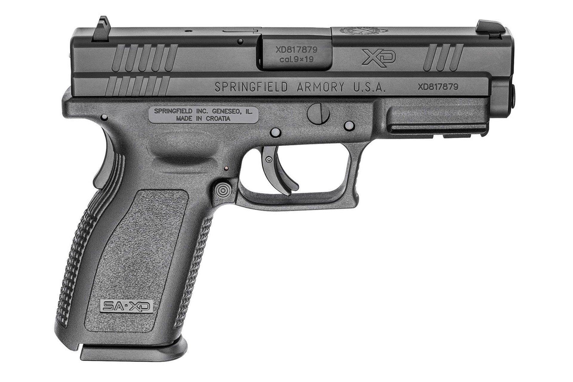 Springfield XD9, Semi-automatic, Polymer Frame Pistol, Full Size, 9MM, 4" Barrel, Melonite Finish, Black, Fixed Sights, 10Rd, 5 Mags, W/Range Bag