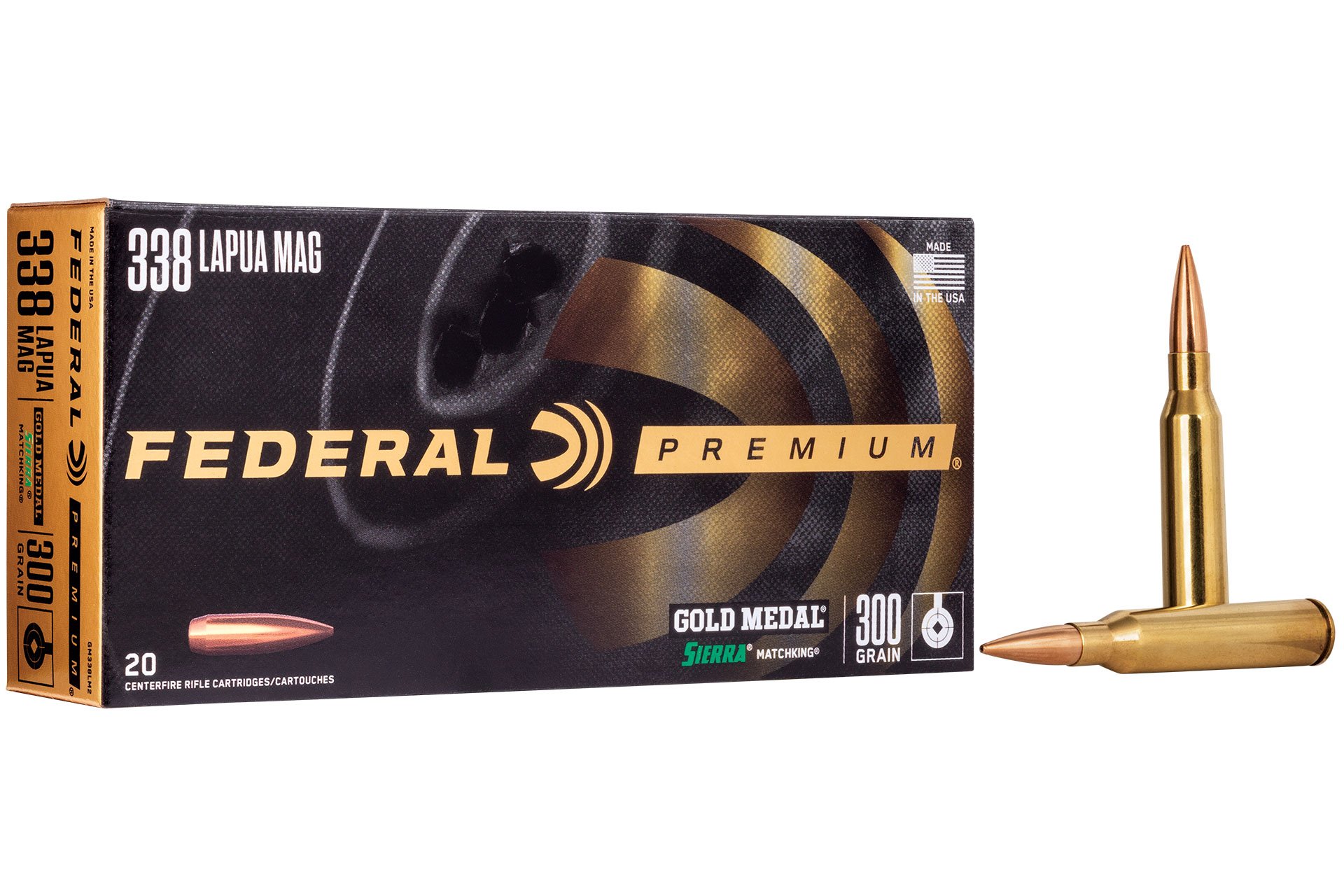 Federal GM338LM2 Premium Gold Medal 338 Lapua Mag 300 gr Sierra MatchKing BTHP Rifle Ammo - 20 Rounds