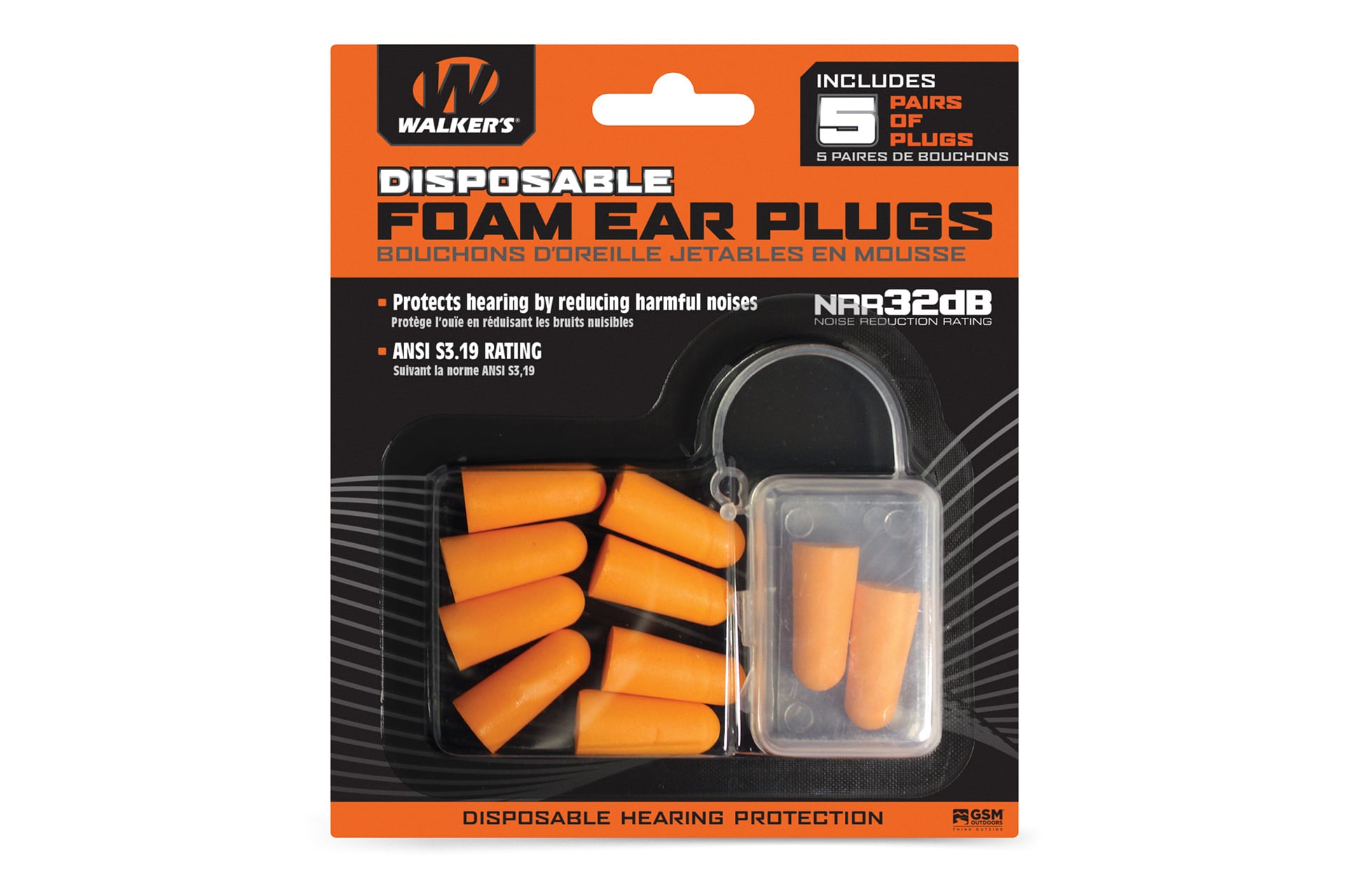 Walker’s Ear Plug Foam Orange 5 Pairs per Pack Includes Plastic Storage case
