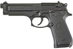 Beretta, M9, DA/SA, Semi, 9MM, 4.9" Barrel, Alloy, Blued Finish, Black, Plastic Grips, 3 Dot Sights, 10 Rounds, 2 Magazines, CA Compliant