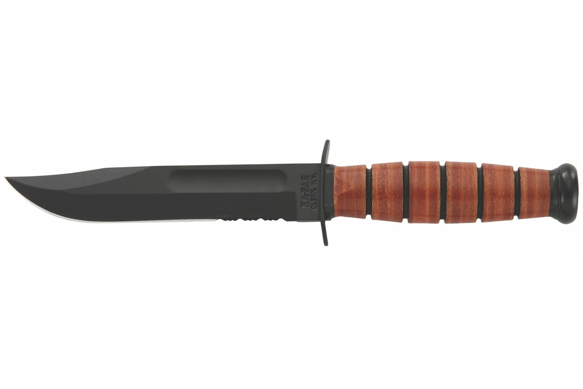 Ka-Bar 1252 USMC 5.25″ Fixed Clip Point Part Serrated 1095 Cro-Van Blade Leather Handle