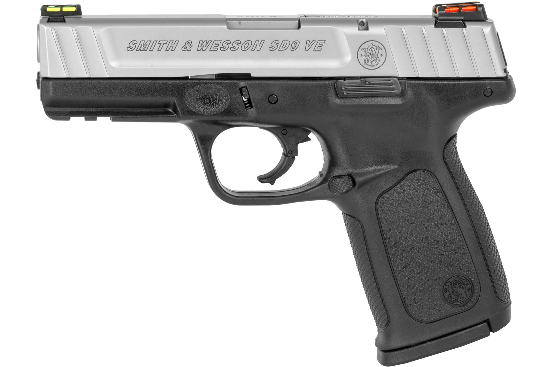 Smith & Wesson SDVE 9mm 10+1, 4″ Stainless Steel Barrel, Stainless Steel Serrated Slide, No Safety, Right Hand