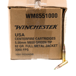 Winchester 5.56 NATO 62gr FMJ Unpainted Green Tip Rifle Ammo – 1000 round case